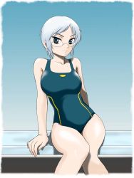 Rule 34 | 00s, 1girl, bare shoulders, breasts, competition swimsuit, ga-rei, ga-rei zero, glasses, green eyes, one-piece swimsuit, sabachiyo land, short hair, silver hair, solo, swimsuit