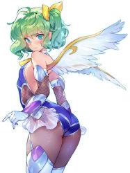 Rule 34 | 1girl, adapted costume, alternate costume, blue eyes, blush, bow, breasts, commentary request, commission, daiyousei, fairy wings, green hair, hair bow, hair ribbon, highres, looking at viewer, matsuda (matsukichi), pantyhose, ponytail, ribbon, side ponytail, simple background, skeb commission, small breasts, solo, taimanin (series), taimanin suit, thighs, touhou, white background, wings, yellow bow, yellow ribbon
