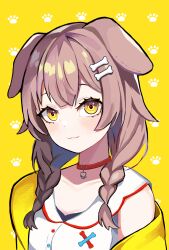 Rule 34 | 1girl, animal collar, animal ears, bone hair ornament, braid, brown hair, closed mouth, collar, collarbone, commentary, dog ears, english commentary, hair ornament, highres, hololive, inugami korone, inugami korone (1st costume), jacket, long hair, looking at viewer, low twintails, off shoulder, paw print, paw print background, red collar, shirt, smile, solo, tor (torkrub111), twin braids, twintails, upper body, virtual youtuber, white shirt, yellow background, yellow eyes, yellow jacket