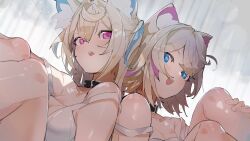 Rule 34 | 2girls, absurdres, animal ear fluff, animal ears, belt collar, black collar, blonde hair, blue eyes, blue hair, breasts, closed mouth, collar, dog ears, dog girl, fuwawa abyssgard, highres, hololive, hololive english, large breasts, long hair, looking at viewer, medium hair, mococo abyssgard, multiple girls, open mouth, pink eyes, pink hair, sakusa nn, shirt, siblings, sisters, small breasts, spiked collar, spikes, teeth, twins, two side up, upper teeth only, virtual youtuber, white shirt