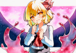 Rule 34 | 1girl, :d, ambiguous red liquid, ascot, black vest, blonde hair, collared shirt, commentary request, fang, finger to mouth, hair ribbon, hands up, head tilt, highres, long sleeves, looking at viewer, medium hair, moon, open mouth, orange eyes, qqqrinkappp, red ascot, red ribbon, ribbon, rumia, shirt, skin fang, smile, solo, touhou, traditional media, upper body, vest, white shirt