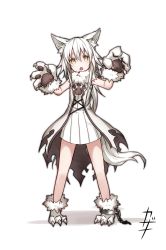 Rule 34 | 1girl, animal ear fluff, animal ears, animal hands, bare legs, claw pose, claws, dress, eyebrows hidden by hair, full body, fur-trimmed footwear, fur collar, fur trim, gloves, hair between eyes, highres, kazana (sakuto), long hair, original, paw gloves, paw shoes, saku (kazana), shoes, sleeveless, sleeveless sweater, standing, sweater, sweater dress, tail, torn clothes, torn dress, white background, white hair, wolf ears, wolf tail, yellow eyes