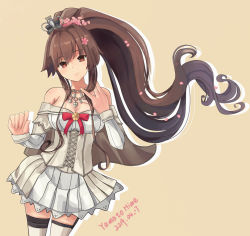 Rule 34 | 1girl, bad id, bad pixiv id, brown hair, cherry blossoms, corset, cosplay, cowboy shot, crown, dated, dress, flower, garter straps, hair flower, hair ornament, hairband, himeyamato, kantai collection, long hair, long sleeves, looking at viewer, mini crown, off-shoulder dress, off shoulder, orange background, ponytail, red flower, red ribbon, red rose, ribbon, rose, simple background, solo, thighhighs, warspite (kancolle), warspite (kancolle) (cosplay), white dress, white thighhighs, yamato (kancolle)