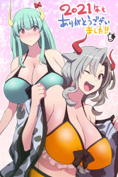 Rule 34 | 2girls, alternate costume, alternate hair color, animal ears, animal print, behind another, bikini, blush, breasts, brown hair, cleavage, closed mouth, cow, cow ears, cow horns, cow print, embarrassed, ex-keine, forehead, frilled bikini, frills, green bikini, hair intakes, haori, highres, horn ornament, horn ribbon, horns, huge breasts, japanese clothes, kamishirasawa keine, light green hair, long hair, looking at viewer, medium breasts, multicolored hair, multiple girls, nose blush, one eye closed, open clothes, open mouth, otoufu (wddkq314band), pink background, red eyes, red horns, ribbon, shiny clothes, sidelocks, silver hair, smile, split-color hair, sweatdrop, swimsuit, touhou, two-tone hair, ushizaki urumi, yellow bikini