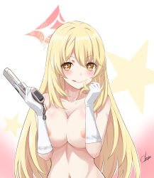 Rule 34 | 1girl, :q, absurdres, blonde hair, blue archive, breasts, breasts squeezed together, brown eyes, closed mouth, commentary request, elbow gloves, gloves, gradient background, gun, hair between eyes, halo, handgun, highres, holding, holding gun, holding weapon, large breasts, long hair, looking at viewer, naked gloves, navel, nipples, nude, okara, pink background, pink halo, playing with own hair, shokuhou misaki, signature, smile, solo, sparkling eyes, spider web print, staccato 2011, star (symbol), star halo, toaru kagaku no railgun, toaru majutsu no index, tongue, tongue out, upper body, weapon, white background, white gloves
