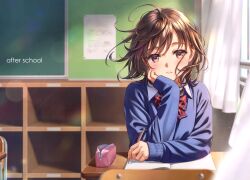 Rule 34 | 1girl, absurdres, brown eyes, brown hair, chalkboard, classroom, closed mouth, curtains, day, desk, fingernails, highres, holding, holding pencil, indoors, lips, long sleeves, morikura en, original, pencil, pencil case, scan, school desk, school uniform, simple background, sitting, sleeves past wrists, solo, sweater, upper body, window