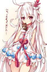 Rule 34 | 10s, 1girl, bare shoulders, candy, chocolate, chocolate bar, choko (last period), company n, copyright name, dress, eating, eyebrows, food, gloves, hair ornament, holding, holding food, last period, licking, long hair, looking at viewer, meiji (brand), red eyes, sleeveless, solo, thigh gap, tongue, tongue out, translated, twitter username, unacchi (nyusankin), very long hair, white dress, white gloves, white hair