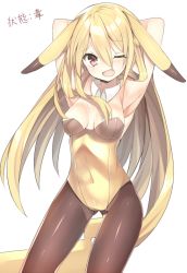 Rule 34 | 1girl, animal ears, armpits, arms behind head, arms up, blonde hair, blush, breasts, brown eyes, brown pantyhose, covered navel, cowboy shot, creatures (company), detached collar, fang, game freak, gen 1 pokemon, kuro guren, leotard, long hair, nintendo, one eye closed, pantyhose, personification, pikachu, playboy bunny, pokemon, solo, tail, very long hair, white background