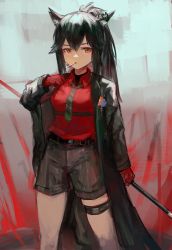 Rule 34 | 1girl, animal ears, arknights, black coat, black hair, black necktie, black shorts, coat, collared shirt, feet out of frame, gloves, gnai, highres, holding, long hair, long sleeves, looking at viewer, mouth hold, necktie, official alternate costume, open clothes, open coat, orange eyes, planted, planted sword, planted weapon, ponytail, red gloves, red shirt, shirt, shorts, sidelocks, solo, standing, striped clothes, striped shorts, sword, tail, texas (arknights), texas (willpower) (arknights), thigh strap, vertical-striped clothes, vertical-striped shorts, weapon, wolf ears, wolf girl, wolf tail