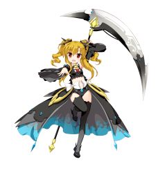 Rule 34 | 1girl, absurdres, arm up, artist request, black thighhighs, blonde hair, character request, copyright request, detached sleeves, full body, highres, holding, holding weapon, leg lift, long hair, looking at viewer, midriff, navel, open mouth, outstretched arm, red eyes, scythe, sidelocks, simple background, solo, thighhighs, twintails, weapon, white background, wide sleeves