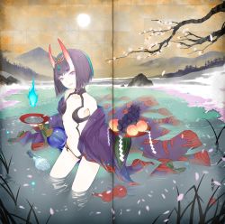Rule 34 | 1girl, blue fire, bottle, cherry blossoms, collarbone, crease, cup, day, fate/grand order, fate (series), fire, folding screen, food, fruit, full moon, fuyuno haruaki, grapes, holding, holding tray, horns, moon, mountain, open mouth, outdoors, peach, pond, purple eyes, purple hair, revealing clothes, sakazuki, sake bottle, scan, shide, short hair, shuten douji (fate), shuten douji (first ascension) (fate), signature, skin-covered horns, smile, solo, thick eyebrows, tray, tsurime, wading