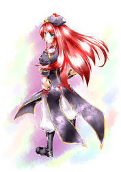 Rule 34 | 1girl, alternate costume, aqua eyes, boots, braid, hair ornament, hands on own hips, hat, hong meiling, long hair, looking at viewer, looking back, pants, pants tucked in, pectorals, puffy pants, puffy short sleeves, puffy sleeves, red hair, short sleeves, side slit, solo, standing, star (symbol), touhou, twin braids, u46tera (yushiro-terazaki), wristband