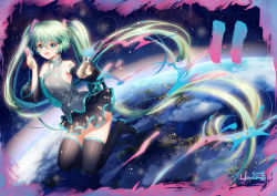 Rule 34 | 1girl, absurdly long hair, aqua eyes, bad id, bad pixiv id, bare shoulders, detached sleeves, green hair, haneru, hatsune miku, long hair, looking at viewer, necktie, paint, paintbrush, planet, skirt, sky, sleeveless, smile, solo, star (sky), starry sky, thighhighs, twintails, very long hair, vocaloid