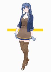 Rule 34 | 1girl, bad id, bad twitter id, blue eyes, blue hair, blue jacket, boots, brown dress, brown footwear, dress, full body, gloves, gotland (kancolle), grey gloves, hair bun, head tilt, highres, jacket, kantai collection, long hair, looking at viewer, mole, mole under eye, ojipon, single hair bun, smile, solo, standing, thigh boots, thighhighs, white background, yellow background, zettai ryouiki