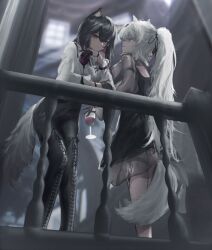 Rule 34 | 2girls, alcohol, alternate costume, animal ear fluff, animal ears, arknights, black dress, black footwear, black gloves, black hair, boots, brown eyes, closed mouth, cross-laced footwear, cup, dress, drinking glass, gloves, grey eyes, grey hair, highres, holding, holding cup, indoors, lace-up boots, lappland (arknights), leaning forward, long sleeves, material growth, mebe (teadia violet), multiple girls, oripathy lesion (arknights), parted lips, ponytail, railing, scar, scar across eye, scar on face, see-through, shirt, smile, standing, tail, texas (arknights), thigh boots, thigh strap, white shirt, wine, wine glass, wolf ears, wolf girl, wolf tail, wristband