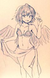 Rule 34 | 1girl, alternate costume, bare legs, bikini, bird wings, blush, breasts, clothes lift, collarbone, commentary request, cowboy shot, d-m (dii emu), eyelashes, feathered wings, greyscale, hat, looking at viewer, medium breasts, midriff, monochrome, navel, open mouth, pom pom (clothes), sarong, sarong lift, shameimaru aya, short hair, sketch, stomach, swimsuit, tokin hat, touhou, traditional media, wings