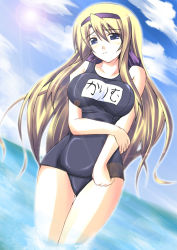 Rule 34 | 00s, 1girl, blonde hair, blue eyes, carim gracia, cloud, day, embarrassed, hairband, kuronezumi, lens flare, long hair, lyrical nanoha, mahou shoujo lyrical nanoha, mahou shoujo lyrical nanoha strikers, name tag, one-piece swimsuit, school swimsuit, sky, solo, swimsuit, translation request, water