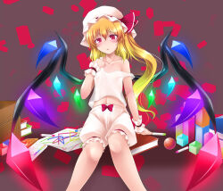 Rule 34 | 1girl, archived source, arm up, blonde hair, bloomers, blush, book, box, breasts, clenched hand, crayon, crystal, feet out of frame, flandre scarlet, gisyo, glowing crystal, hair between eyes, half-closed eyes, hand on own chest, hat, hat ribbon, highres, long hair, looking at viewer, midriff, nipples, off shoulder, paper, parted lips, red eyes, ribbon, see-through camisole, side ponytail, simple background, sitting, small breasts, solo, touhou, toy block, underwear, variant set, white bloomers, white hat, wings, wrist cuffs