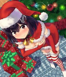 Rule 34 | 1girl, ac 107, bell, black hair, blush, bow, box, breast hold, breasts, bridal gauntlets, brown eyes, capelet, christmas, christmas ornaments, christmas tree, cleavage, closed mouth, covering breasts, covering privates, dress, embarrassed, flying sweatdrops, from above, fur trim, gift, gift box, haguro (kancolle), hair between eyes, hair ornament, hat, kantai collection, leaning forward, looking at viewer, medium breasts, nose blush, red bow, red capelet, red dress, santa costume, santa hat, short hair, solo, spoken blush, standing, striped clothes, striped thighhighs, tears, thighhighs, zettai ryouiki