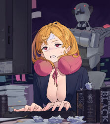 Rule 34 | 1girl, black shirt, blonde hair, book, book stack, breasts, can, cleavage, frown, highres, indoors, keyboard (computer), large breasts, long sleeves, medium hair, monitor, neck pillow, original, red eyes, robot, sekoshi (some1else45), shirt, sitting, some1else45, sweatdrop, tissue box