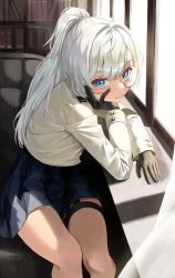 Rule 34 | 1girl, absurdres, ahoge, blue eyes, blue skirt, book, bookshelf, breasts, brown gloves, closed mouth, day, eyelashes, gloves, hair between eyes, hand on own cheek, hand on own face, head rest, highres, indoors, jacket, legs, long sleeves, looking at viewer, miniskirt, monochrome, once a day, original, pleated skirt, sidelocks, sitting, skirt, smile, solo, thigh strap, white hair, white jacket, window
