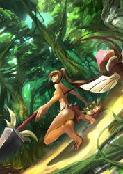 Rule 34 | 1girl, barefoot, blood, breasts, cleavage, crying, dutch angle, fisheye, foreshortening, forest, highres, league of legends, long hair, midriff, nature, nidalee, perspective, polearm, ponytail, s87074877, soles, spear, squatting, tears, teemo, toes, topless, tree, tribal, ward (league of legends), weapon