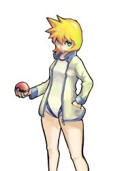 Rule 34 | 1girl, bare arms, blue cat (artist), breasts, creatures (company), game freak, gen 1 pokemon, green eyes, highres, holding, holding poke ball, jacket, jacket over swimsuit, legs, long sleeves, misty (pokemon), nintendo, one-piece swimsuit, open clothes, open jacket, orange hair, poke ball, poke ball (basic), pokemon, pokemon hgss, short hair, small breasts, smile, solo, swimsuit, thighs, white one-piece swimsuit