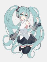 Rule 34 | 1girl, absurdly long hair, aqua eyes, aqua hair, aqua ribbon, bad id, bad twitter id, bare shoulders, black skirt, black thighhighs, blouse, commentary, detached sleeves, full body, grey background, hair ornament, hand up, hatsune miku, hatsune miku (nt), headphones, highres, layered sleeves, legs up, long hair, miniskirt, neck ribbon, noneon319, open mouth, piano print, piapro, pleated skirt, ribbon, see-through, see-through sleeves, shirt, shoulder tattoo, skirt, sleeveless, sleeveless shirt, solo, tattoo, thighhighs, twintails, very long hair, vocaloid, white shirt, white sleeves, zettai ryouiki