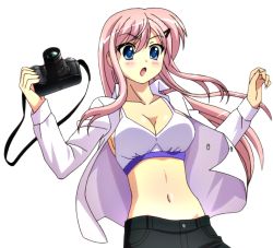 Rule 34 | anime screenshot, bra, breasts, camera, meiki raika, open clothes, open shirt, pink hair, r-15 (series), shirt, underwear, white bra