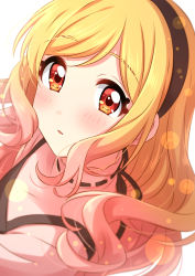 Rule 34 | 1girl, absurdres, aikatsu!, aikatsu! (series), blonde hair, blush, from side, gradient hair, hairband, highres, long hair, looking at viewer, looking to the side, multicolored hair, nijino yume, parted lips, pink hair, pink shirt, red eyes, sekina, shirt, solo, upper body