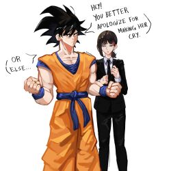 Rule 34 | 1boy, 1girl, absurdres, artist name, biceps, black hair, black jacket, black necktie, black pants, chainsaw man, clenched hands, collarbone, collared shirt, crying, crying with eyes open, dougi, dragon ball, dragonball z, formal, frown, hair ornament, hairclip, higashiyama kobeni, highres, jacket, looking at viewer, looking to the side, medium hair, necktie, pants, pastepiphany, pectoral cleavage, pectorals, shirt, shirt tucked in, short hair, short ponytail, simple background, single sidelock, son goku, spiked hair, suit, suit jacket, swept bangs, tears, white background, white shirt, wristband