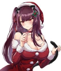 Rule 34 | 1girl, animal ears, blush, breasts, cat ears, cat tail, cleavage, girls&#039; frontline, ha9na, hat, large breasts, purple hair, red eyes, santa costume, santa hat, side ponytail, simple background, solo, tail, wa2000 (girls&#039; frontline), white background