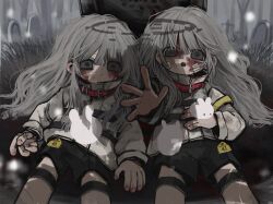 Rule 34 | 2girls, against tombstone, armband, bandaid, bandaid on cheek, bandaid on face, black shorts, blood, blood on face, closed mouth, commentary, cowboy shot, grass, graveyard, grey eyes, grey hair, hand on own stomach, high collar, highres, jacket, long bangs, long hair, long sleeves, looking at viewer, lying, multiple girls, on back, open mouth, original, oshio (shioqqq), outdoors, rabbit, reaching, reaching towards viewer, shadow, shorts, tag, thigh strap, tombstone, white jacket