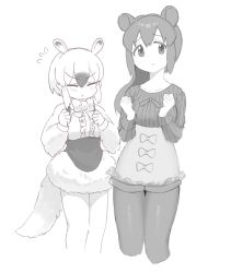 Rule 34 | 1girl, 2girls, :t, anteater ears, anteater tail, bow, bowtie, center frills, clenched hands, closed eyes, cropped legs, extra ears, flying sweatdrops, frills, greyscale, hair between eyes, kemono friends, kona ming, long hair, long sleeves, looking at viewer, malayan tapir (kemono friends), monochrome, multicolored hair, multiple girls, pantyhose, pout, short hair, simple background, solo, southern tamandua (kemono friends), tail, white background
