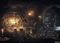 Rule 34 | arch, artist name, axe, banner, candle, chair, fantasy, indoors, lamp, loaded interior, no humans, original, ponsumi, roomscape, scenery, stairs, sword, table, treasure chest, weapon, wide shot