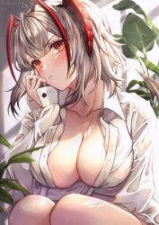 Rule 34 | 1girl, absurdres, ahoge, arknights, blouse, blush, breasts, cleavage, collared shirt, demon horns, grey hair, hand up, head rest, highres, horns, knees up, large breasts, looking at viewer, nyamaso, open clothes, open shirt, plant, shirt, short hair, sideboob, sitting, solo, upper body, v-shaped eyebrows, w (arknights), white shirt, yellow eyes