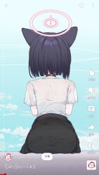 Rule 34 | 1girl, animal ears, ass, black choker, black hair, blue archive, cat ears, choker, clothes around waist, doodle sensei (blue archive), facing away, from behind, halo, highres, jacket, jacket around waist, kazusa (band) (blue archive), kazusa (blue archive), pink halo, rla13753, sensei (blue archive), shirt, short hair, short sleeves, sitting, solo, t-shirt, user interface, white shirt