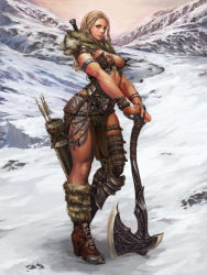 Rule 34 | 1girl, armor, arrow (projectile), asymmetrical clothes, axe, bikini armor, breasts, brown hair, chainmail, earrings, fur trim, guild wars (series), guild wars 1, hands on hilt, jewelry, lips, minsoo kim (angers), mountain, nipple piercing, nipples, norn, original, outdoors, piercing, quiver, snow, solo, sword, tattoo, weapon