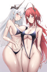 Rule 34 | 2girls, :o, absurdres, arknights, armpit crease, asymmetrical docking, bare shoulders, bikini, black bikini, black one-piece swimsuit, blue eyes, blush, breast press, breasts, casual one-piece swimsuit, center opening, cleavage, closed mouth, collarbone, covered erect nipples, cowboy shot, earrings, grey hair, highres, horns, jewelry, large breasts, long hair, looking at viewer, material growth, micro bikini, mudrock (arknights), multiple girls, navel, one-piece swimsuit, oripathy lesion (arknights), parted lips, pointy ears, poni (poni arknights), red eyes, red hair, simple background, smile, stomach, surtr (arknights), swimsuit, very long hair, white background