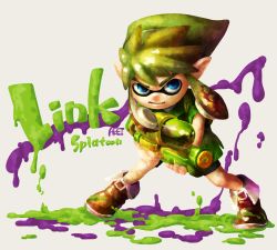 Rule 34 | 1boy, artist name, blue eyes, boots, brown footwear, character name, company connection, copyright name, full body, green hair, inkling, inkling boy, inkling player character, iroha (akei0710), link, male focus, monster boy, nintendo, paint, pointy ears, solo, splatoon (series), splatoon 1, splattershot (splatoon), super soaker, tentacle hair, the legend of zelda