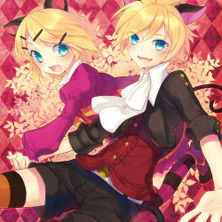 Rule 34 | 1boy, 1girl, alternate costume, animal ears, blonde hair, blue eyes, cat ears, cat tail, derenta, european clothes, fang, hair ornament, hairpin, hetero, holding hands, jacket, kagamine len, kagamine rin, kemonomimi mode, necktie, open mouth, outstretched hand, retro clothes, short hair, short sleeves, skirt, smile, striped clothes, striped thighhighs, tail, thighhighs, vocaloid