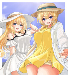 Rule 34 | 2girls, alternate costume, blonde hair, blue eyes, breasts, cleavage, day, dress, earrings, hat, highres, jewelry, kantai collection, kasashi (kasasi008), looking at viewer, medium breasts, multiple girls, official alternate costume, open mouth, ranger (kancolle), shirt, shorts, smile, sun hat, tuscaloosa (kancolle)