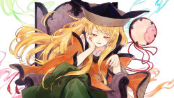 Rule 34 | 1girl, black hat, blonde hair, chair, commentary request, crossed legs, detached sleeves, drum, feet out of frame, green skirt, half-closed eyes, hat, head in hand, head rest, hisona (suaritesumi), instrument, long hair, looking at viewer, matara okina, open mouth, orange eyes, simple background, sitting, skirt, slouching, solo, swept bangs, tabard, tassel, touhou, tsuzumi, very long hair, white background