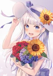 Rule 34 | 1girl, :d, absurdres, arm up, bare arms, bare shoulders, blue eyes, blue flower, blush, bouquet, bow, commentary request, dress, flower, hand on headwear, hat, hat bow, hat flower, highres, huge filesize, hugging object, hyonee, long hair, looking at viewer, open mouth, original, purple bow, red flower, red rose, rose, silver hair, sleeveless, sleeveless dress, smile, solo, strap slip, sun hat, sunflower, teeth, upper body, upper teeth only, very long hair, white dress, white hat, yellow flower