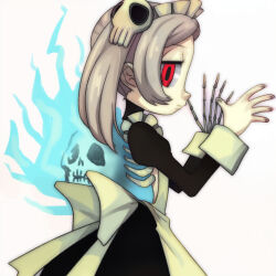 Rule 34 | 1girl, apron, black nails, bloody marie (skullgirls), dress, fire, frilled apron, frilled dress, frills, from side, grey hair, hair ornament, hands up, looking at viewer, looking to the side, maid headdress, red eyes, skeletal arm, skull hair ornament, skull heart, skullgirls, solo, t jiroo (ringofriend), twintails, upper body