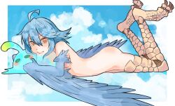 Rule 34 | 2girls, ahoge, bird legs, blue feathers, blue hair, blue wings, blush, breasts, cloud, feathered wings, feathers, hair between eyes, harpy, highres, lying, monster girl, monster musume no iru nichijou, multiple girls, nebula flabby, nude, on stomach, open mouth, papi (monster musume), scales, small breasts, smile, solo, suu (monster musume), talons, winged arms, wings, yellow eyes