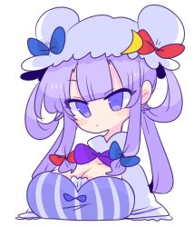 Rule 34 | 1girl, blue bow, blunt bangs, bow, bowtie, breasts, capelet, cleavage, crescent, crescent hat ornament, crescent pin, double bun, dress, hair bow, hair bun, hat, hat ornament, hat ribbon, highres, long hair, mob cap, multi-tied hair, op na yarou, patchouli knowledge, purple bow, purple capelet, purple dress, purple eyes, purple hair, purple headwear, purple neckwear, red bow, red ribbon, ribbon, striped clothes, striped dress, touhou, vertical-striped clothes, vertical-striped dress