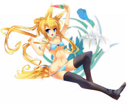 Rule 34 | 1girl, animal ears, arm up, bare shoulders, bikini, bikini pull, black thighhighs, blonde hair, blue eyes, boots, breasts, cleavage, clothes pull, dragonmaterial, floral background, flower, food, front-tie top, full body, groin, long hair, navel, original, ponytail, popsicle, sidelocks, sitting, small breasts, smile, solo, strap slip, string bikini, striped bikini, striped clothes, swimsuit, thigh boots, thighhighs, underboob, watermelon bar