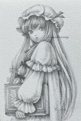 Rule 34 | 1girl, book, bow, commentary request, crescent, crescent hat ornament, dress, graphite (medium), greyscale, hair bow, hat, hat ornament, highres, holding, holding book, long hair, looking at viewer, mob cap, monochrome, parted lips, patchouli knowledge, ringodrawing, simple background, solo, touhou, traditional media, upper body, very long hair