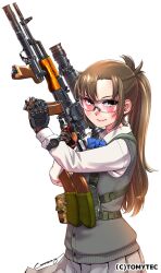Rule 34 | 1girl, akm, ammunition pouch, assault rifle, black gloves, blue bow, blue bowtie, blush, bow, bowtie, brown eyes, brown hair, buckle, cardigan vest, closed mouth, collared shirt, commentary request, copyright notice, cyrillic, gloves, grey skirt, gun, hair ornament, hairclip, highres, holding, holding gun, holding weapon, kalashnikov rifle, kamotama, little armory, long hair, long sleeves, magazine (weapon), parted bangs, pleated skirt, ponytail, pouch, rifle, safety glasses, school uniform, scope, shirt, signature, simple background, skirt, smile, snap-fit buckle, solo, trigger discipline, very long hair, watch, watermark, weapon, weapon request, white background, white shirt, wristwatch
